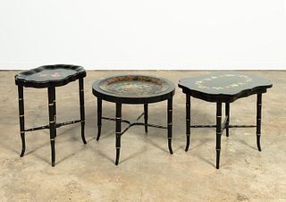 3PC BLACK LACQUERED FAUX BAMBOO TABLES, TOLE TRAYS