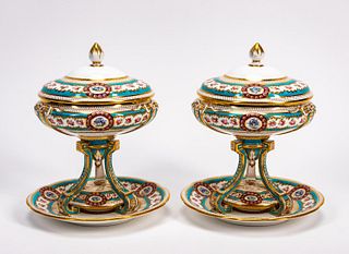 PR, ENGLISH PORCELAIN LIDDED TAZZE AND UNDERPLATES