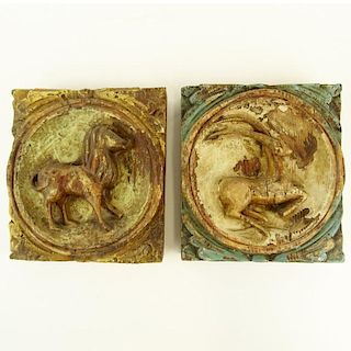 Two (2) Early 20th C Addison Mizner Carved Painted Wall Plaques/Medallions with Animals. Unsigned. Rubbing and paint loss. Measures 10" x 9". Shipping