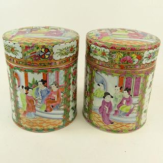Pair 20th Century Chinese Porcelain Rose Medallion Covered Jars. Reign marked. Good condition. Measures 10" H x 8" dia. Shipping $135.00