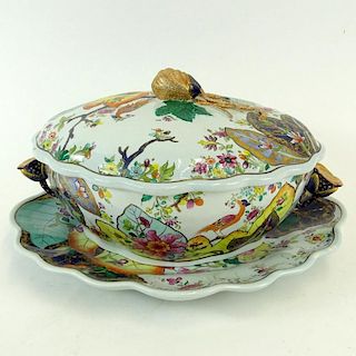 Vintage Mottahedeh Tobacco Leaf Large Covered Tureen with underplate and fruit finial. Signed. Good condition. Tureen measures 6" H x 14-1/2" W. Shipp