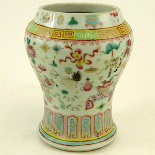 19th Century Chinese Porcelain Famille Rose Baluster Form Vase Lacking Lid. Unsigned. Hairline cracks to base otherwise good condition. Measures 9-1/2