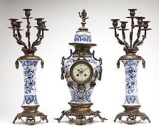 Delft-style ceramic and bronze-mounted clock set