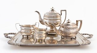 GEORGE III SILVER TEA & COFFEE SET & PLATED TRAY