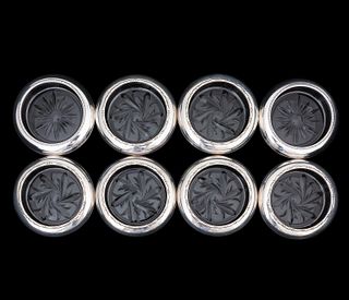 8 PCS, STERLING SILVER & GLASS COASTERS, AMSTON