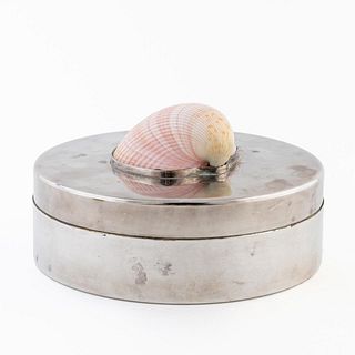 ROUND SILVER PLATE LIDDED BOX WITH SEA SHELL