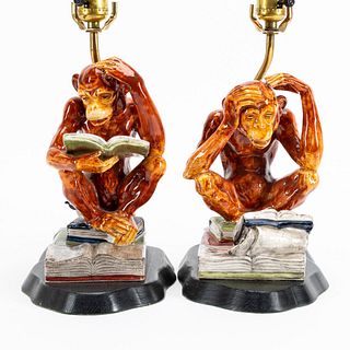 PAIR, MONKEYS WITH BOOKS POTTERY TABLE LAMPS
