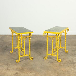 PAIR, GOTHIC IRON GARDEN TABLES, MARBLE TOPS