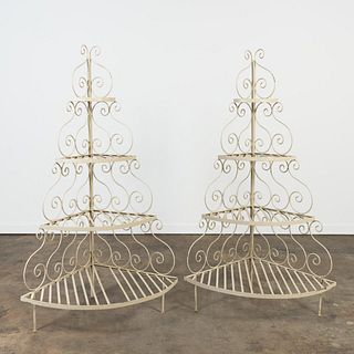 PAIR OF LARGE WHITE IRON CORNER PLANT STANDS