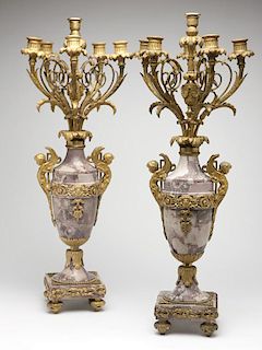 Pair of French gilt-bronze and marble candelabra