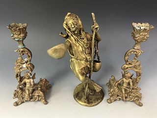 Bronze Candlesticks and Figure