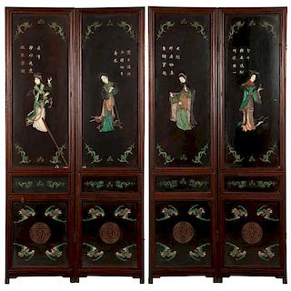 4 Chinese relief-decorated hardwood screen panels