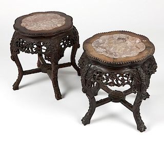 Pair Chinese export carved hardwood lamp tables