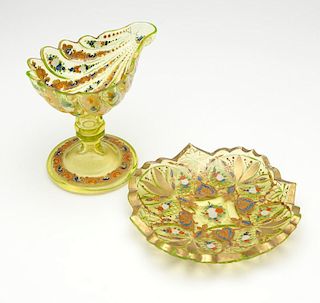 2 Persian market Bohemian uranium glass dishes