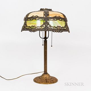 Late Victorian Metal Overlay and Panel Slag Glass Table Lamp
