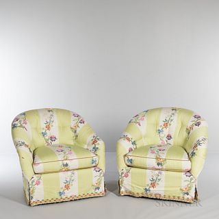 Pair of Modern Green-striped Upholstered Armchairs