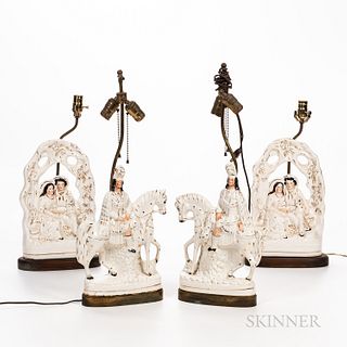Two Pairs of Staffordshire Figural Table Lamps