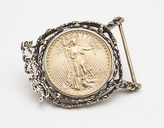 A St. Gauden's coin set in a gold belt buckle
