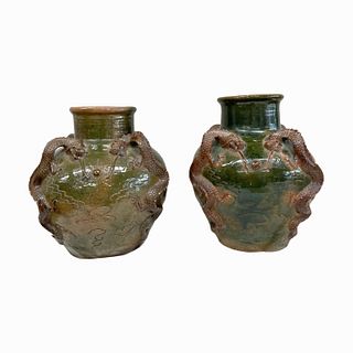 2 Antique Chinese Sancai Glazed Dragons Vases