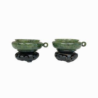 Pr Chinese Spinach Jade Low Wine Cups W/Bases