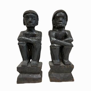 Pr Vintage Polynesian Carved Wooden Seated Figures