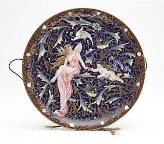 A French figural champleve and hand-painted plate