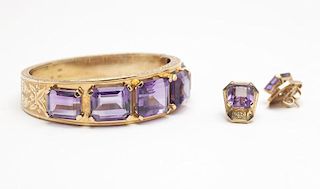 A gold and amethyst bangle with matching earrings