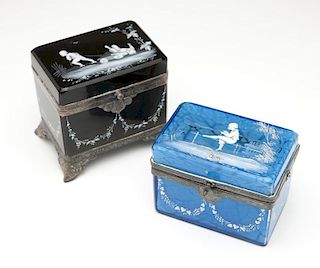 Two Victorian Mary Gregory-style dresser boxes