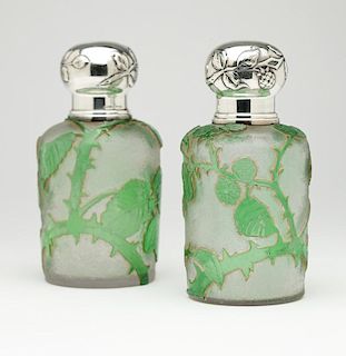 Pair Daum cameo glass and sterling silver bottles