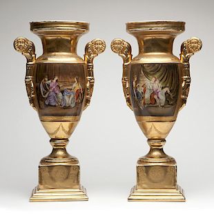 Two hand-painted KPM-style porcelain urns