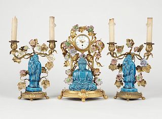 Gump's French gilt-bronze & Chinoiserie clock set