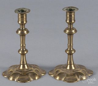 Pair of Queen Anne brass candlesticks, mid 18th c., 7'' h.