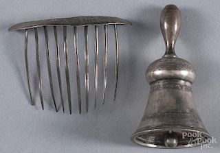 Silver bell, 19th c., marked Kohn, together with a bright cut hair comb, 5.6 ozt.
