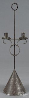 Weighted tin table top candlestand, the base probably 19th c., the adjustable holder 20th c., 22'' h.