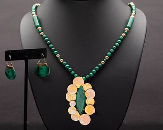 14K Gold and Malachite Necklace and Earrings