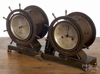 Waterbury Clock Co. Commodore brass ship clock, 9'' h., 16 1/2'' w.