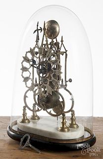 English gothic style skeleton clock, under a dome, with fusee movement, 12 3/4'' h.