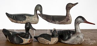 Five carved and painted duck decoys, 20th c., longest - 16''.