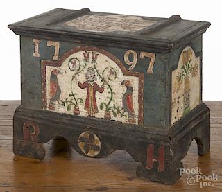 Contemporary painted miniature pine blanket chest, with German script on the lid