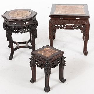 3 Chinese Hardwood Marble Inset Small Side Tables
