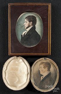 Two miniature watercolor on paper profile portraits of a young men, ca. 1840, 2 3/4'' x 2 1/4''