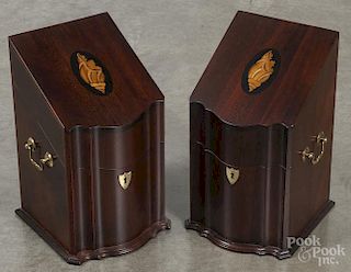 Pair of contemporary inlaid mahogany divided boxes, 14 1/2'' h.