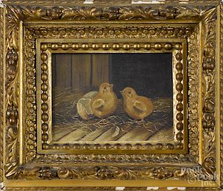 American oil on canvas of two chicks, signed E. Dunn 1890, 6'' x 8''.