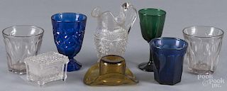Early glass, to include sandwich, a salt with an eagle, two heart tumblers, a lacy baroque creamer