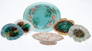 4 Majolica Leaf-Form Plates and Two Serving Dishes
