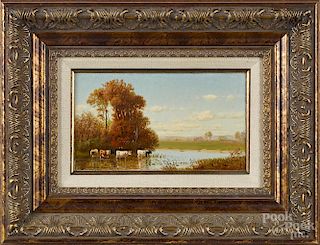 Attributed to Clinton Loveridge (American 1838-1915), oil on board landscape with river and cows