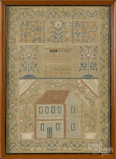 Silk on linen house sampler, dated 1818, wrought by Nancy Reeves Sheppard, 17'' x 12''.