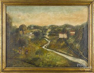 American oil on canvas landscape with figures picking apples, signed J. Johnson '98 lower left