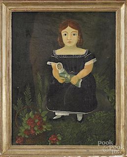 Oil on canvas folk portrait of a young girl, 19th c., 24 1/2'' x 19 1/2''.