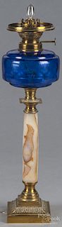 Marble, brass, and cobalt glass table lamp, ca. 1900, 19'' h.